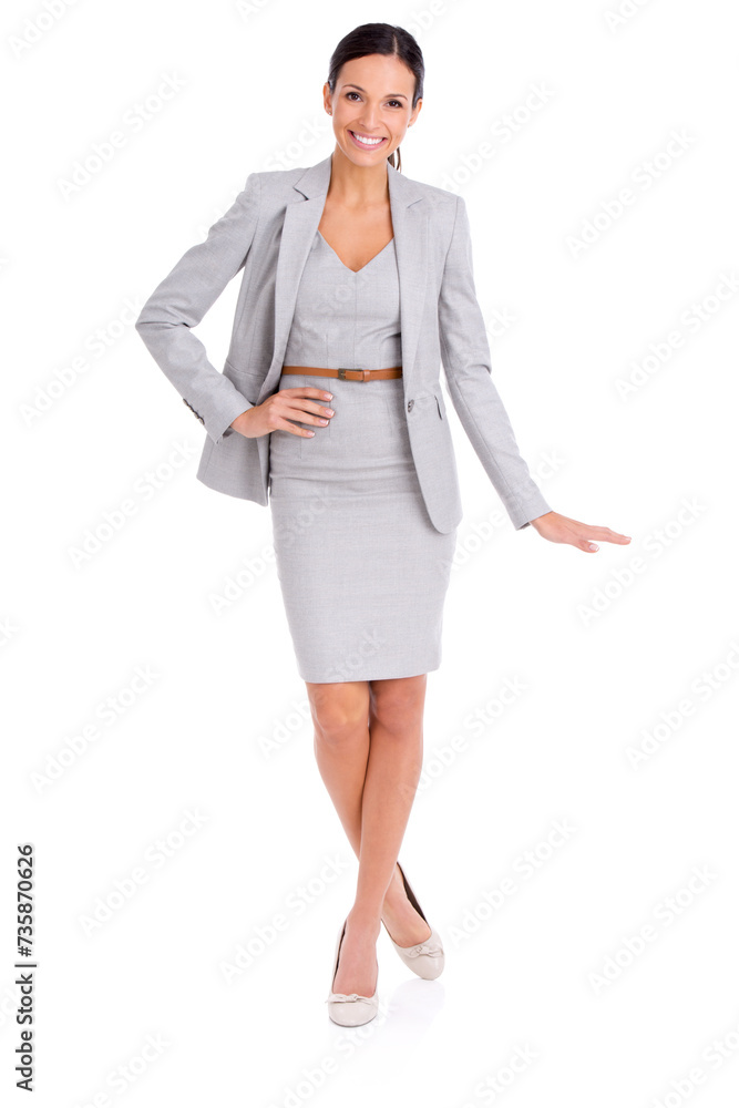 Portrait, smile and height with business woman in studio isolated on white background for corporate opportunity. Job, profession or career with happy young employee in outfit to measure growth Portrait, smile and height with business woman in studio isolated on white background for corporate opportunity. Job, profession or career with happy young employee in outfit to measure growth