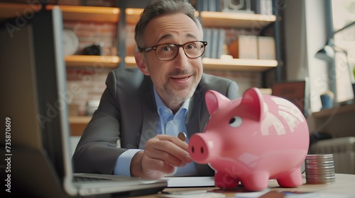 Wallpaper Mural Businessman at desk smiling with piggy bank, saving money concept. casual office setting with modern gadgets. financial planning and investment. AI Torontodigital.ca