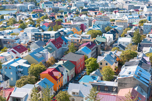 Aerial view of colorful buildings general view of the port in the background - Reykjavik Iceland photo