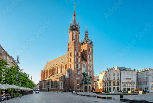 Saint Mary's Basilica on the main market square at sunrise in Cracow, Poland