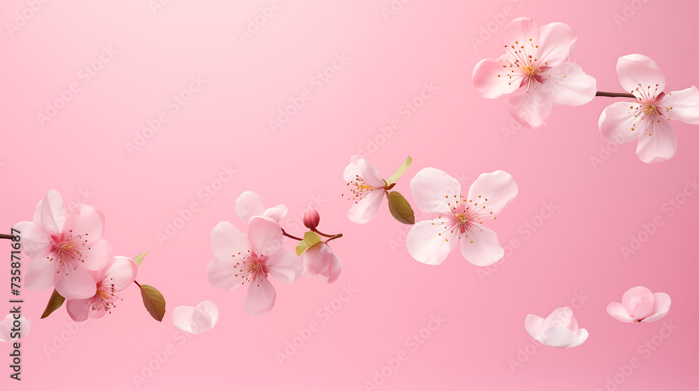 Beautiful Spring Sakura tree flowers blossoms flying on pink background. Flowers tree branch blooming. Springtime concept background. Cherry Japan Sakura flowers 