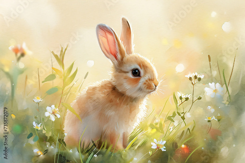 Watercolor illustration of a cute fluffy rabbit sitting on spring field with wildflowers and grass. Happy Easter. Cartoon character for nursery, baby shower. Background, card, banner with copy space