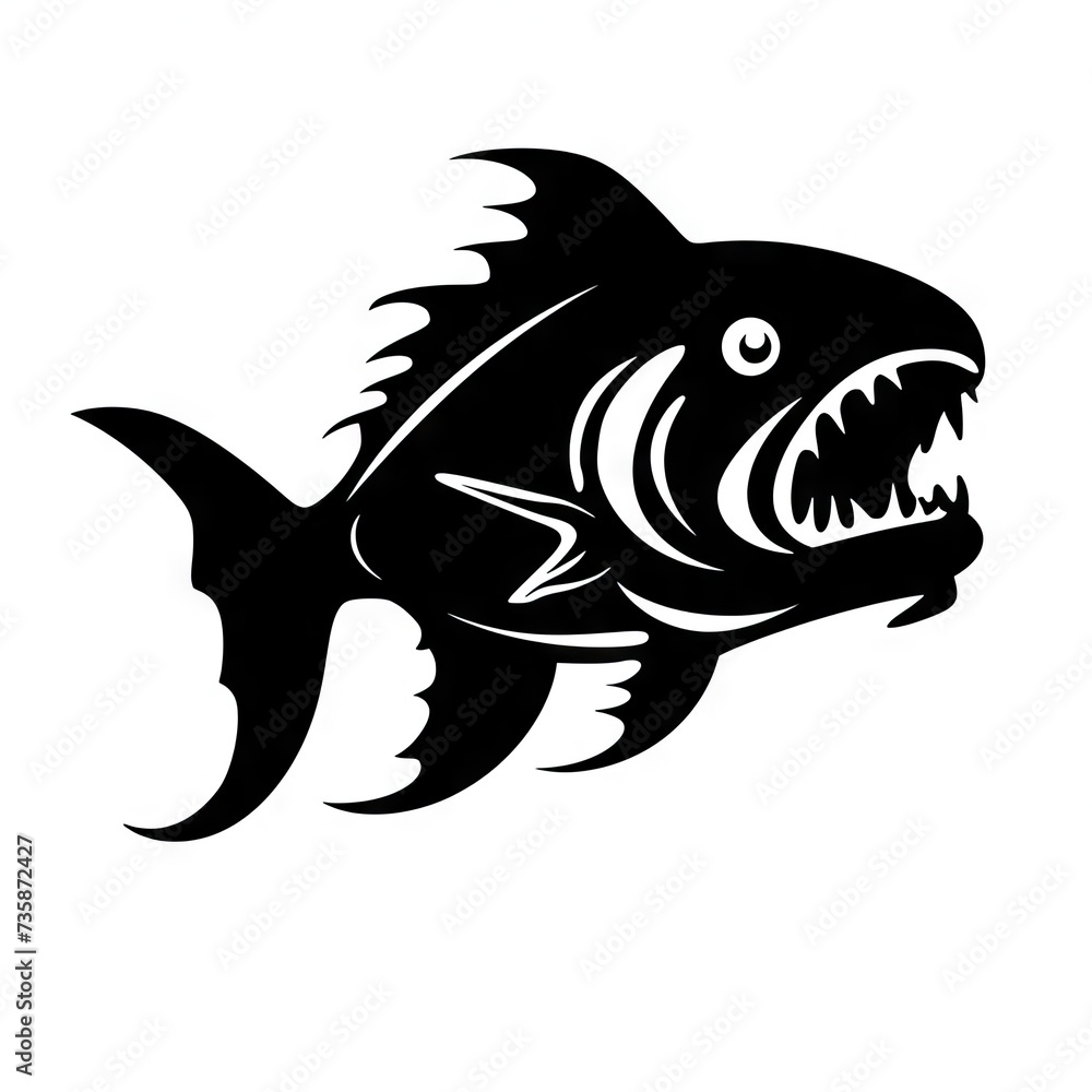 Fototapeta premium Fish Icon, Sea Bass Shape, Minimal Fishing Symbol, Evil Tuna Silhouette, Agressive Salmon Sign, Black Ink Fish