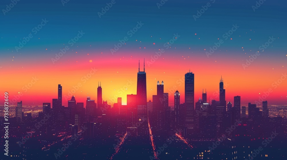 Fototapeta premium City Skyline Silhouette with Gradient Sunset