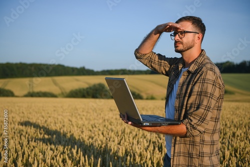 Farmer examining crops crouching in wheat farm © Serhii