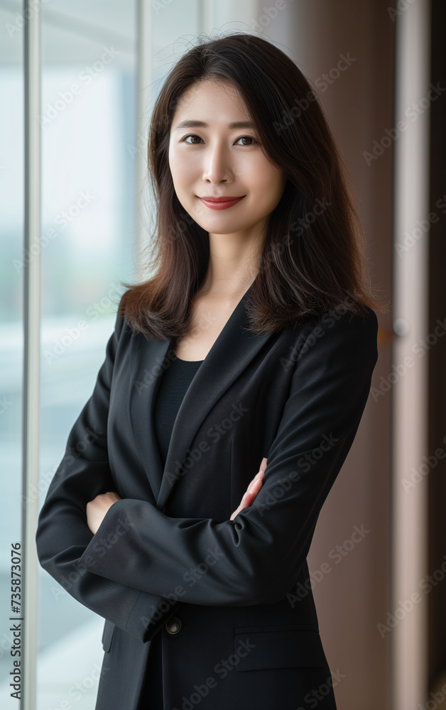 elegant Chinese business woman, modern executive environment in the background