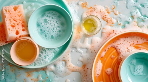 Colorful dishware in sudsy water, concept of daily chores. clean, soapy dishes after washing. kitchen routine in bright tones. AI photo