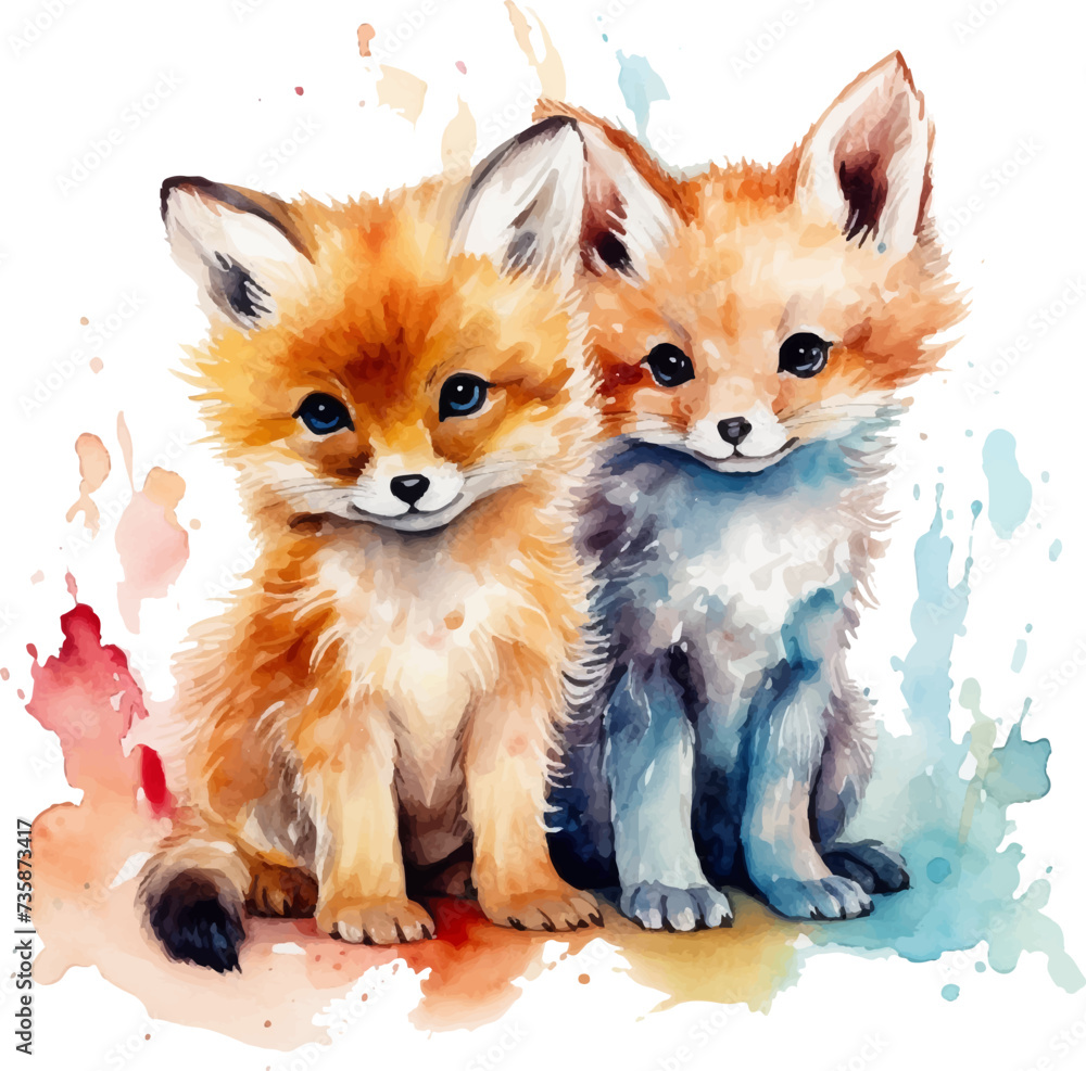 Fototapeta premium Two fox puppies, watercolor