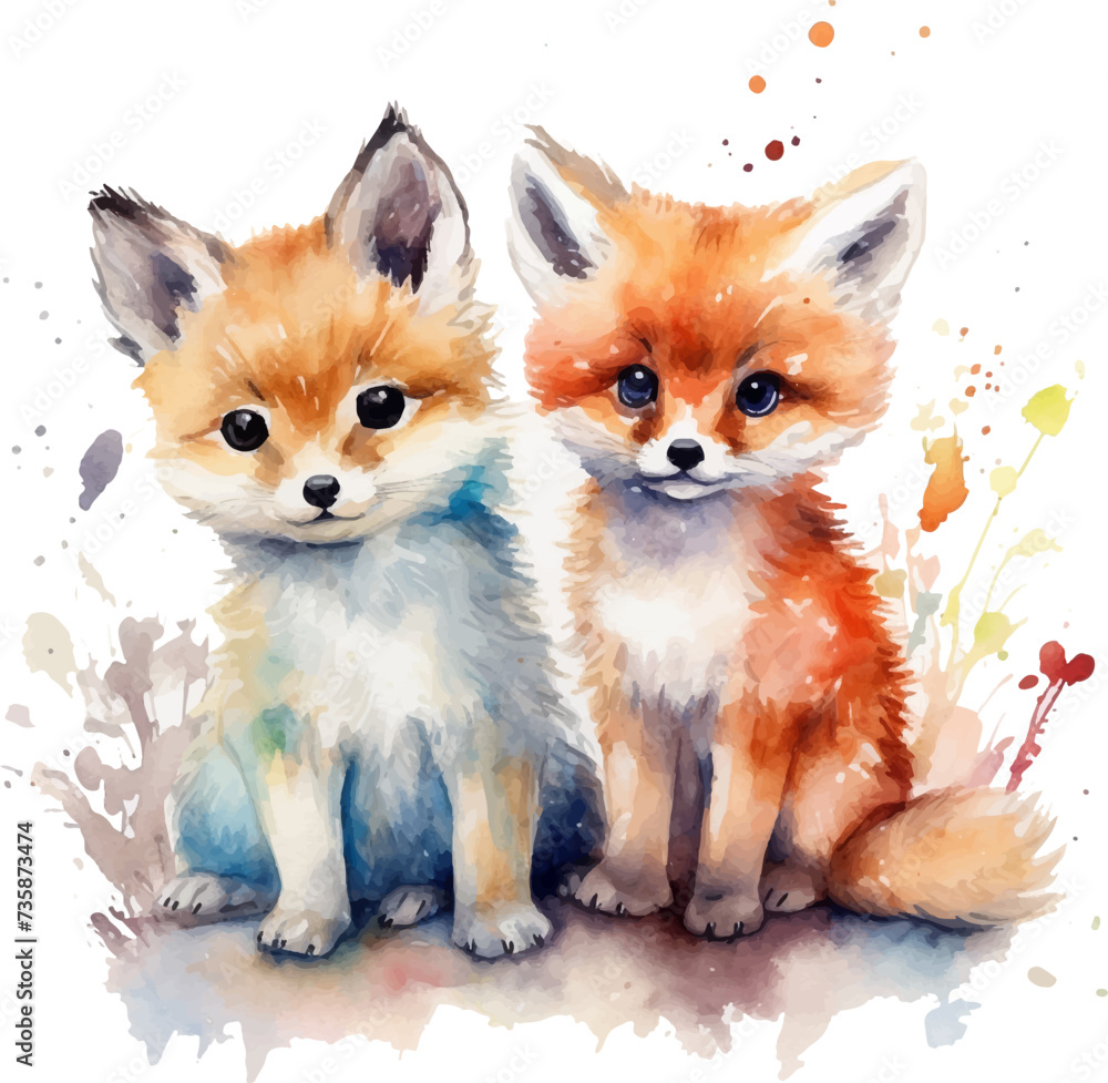 Obraz premium Two fox puppies, watercolor