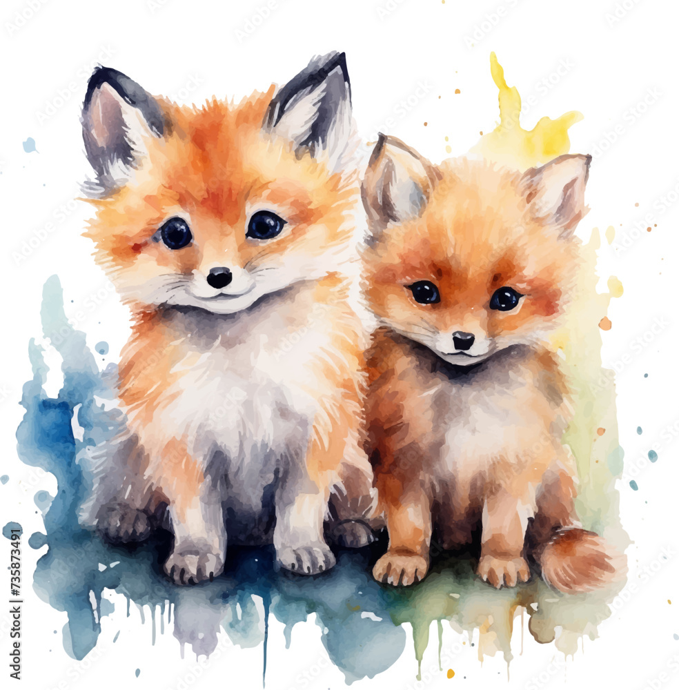 Two fox puppies, watercolor