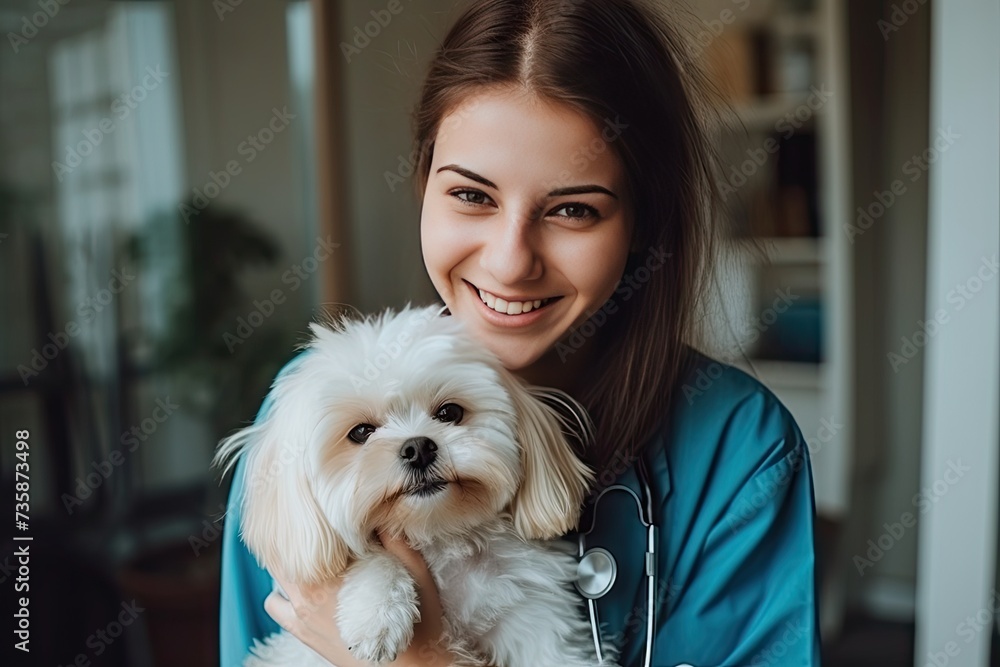 Happy Veterinary Nurse Smiling a Cute Dog, Vet Clinic, Young Puppy, Generative AI Illustration Happy Veterinary Nurse Smiling a Cute Dog, Vet Clinic, Young Puppy, Generative AI Illustration