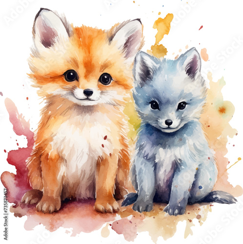 Two fox puppies, watercolor