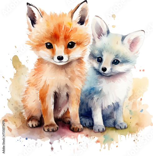 Two fox puppies, watercolor
