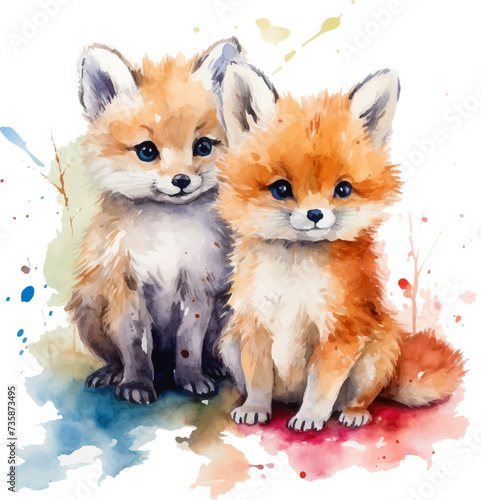 Two fox puppies, watercolor