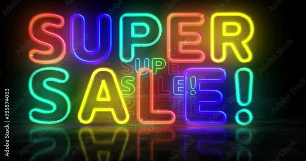 Super Sale neon symbol. Light color bulbs. Special offer and discount promotion abstract seamless and loopable concept. 3d flying through the tunnel animation. Super Sale neon symbol. Light color bulbs. Special offer and discount promotion abstract seamless and loopable concept. 3d flying through the tunnel animation.