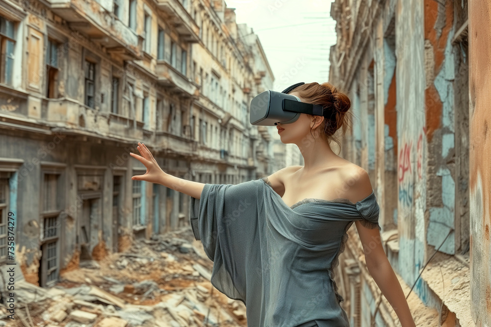 Future loneliness concept. A woman wearing virtual reality glasses does not notice the destroyed world around her. - obrazy, fototapety, plakaty 