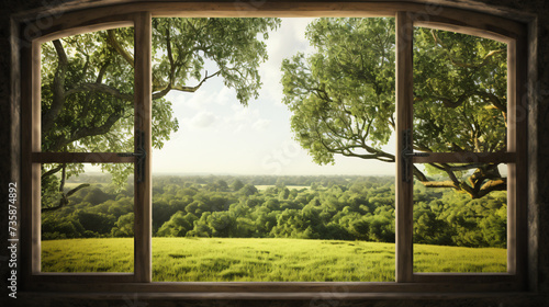 A window with a view of a grassy field and trees