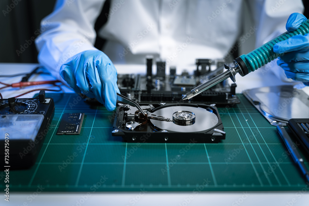 Obraz premium Hands repairing electronic devices. Electronic technician.