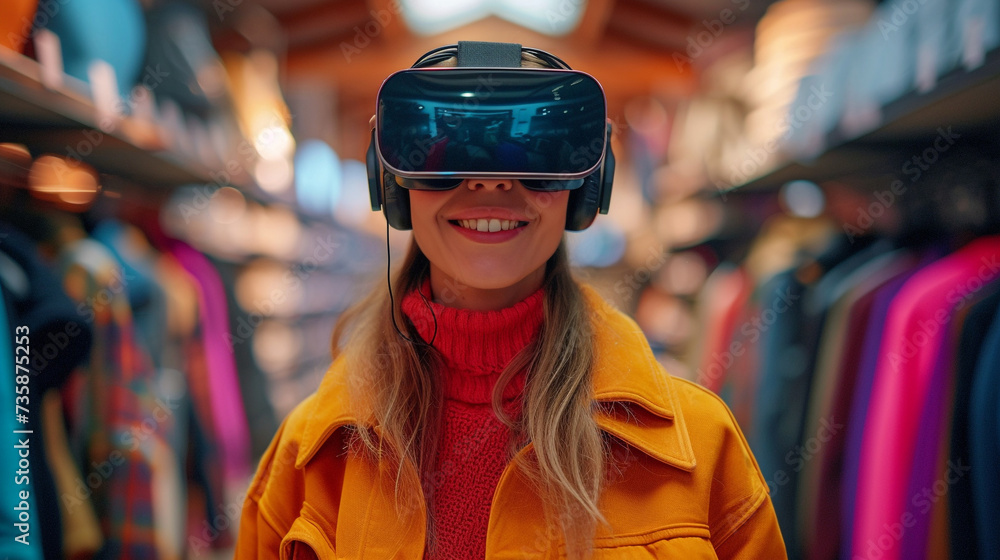 Naklejka premium Woman wearing VR headset experience in virtual shopping - technology concept for futuristic retail and shopping mall business
