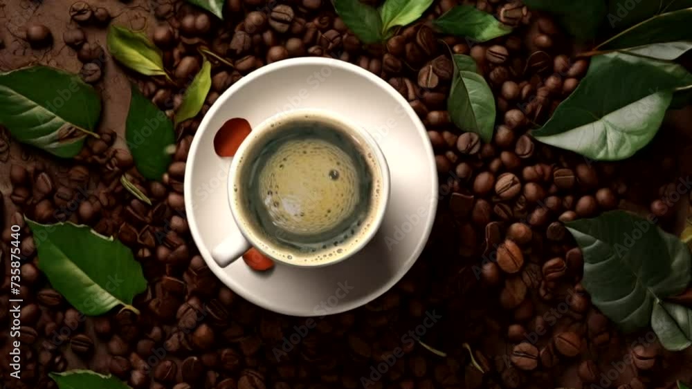 cup of coffee with coffee beans and coffee leaves in the background. looping coffee loop animation cup of coffee with coffee beans and coffee leaves in the background. looping coffee loop animation