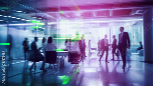 Business people meeting in office space with colorful purple green overlay, Modern tech conference room concept   Generative AI ©  Made with Matcha