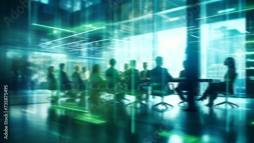 Business people seated in meeting space with motion blur overlay  Modern tech office room concept   Generative AI
