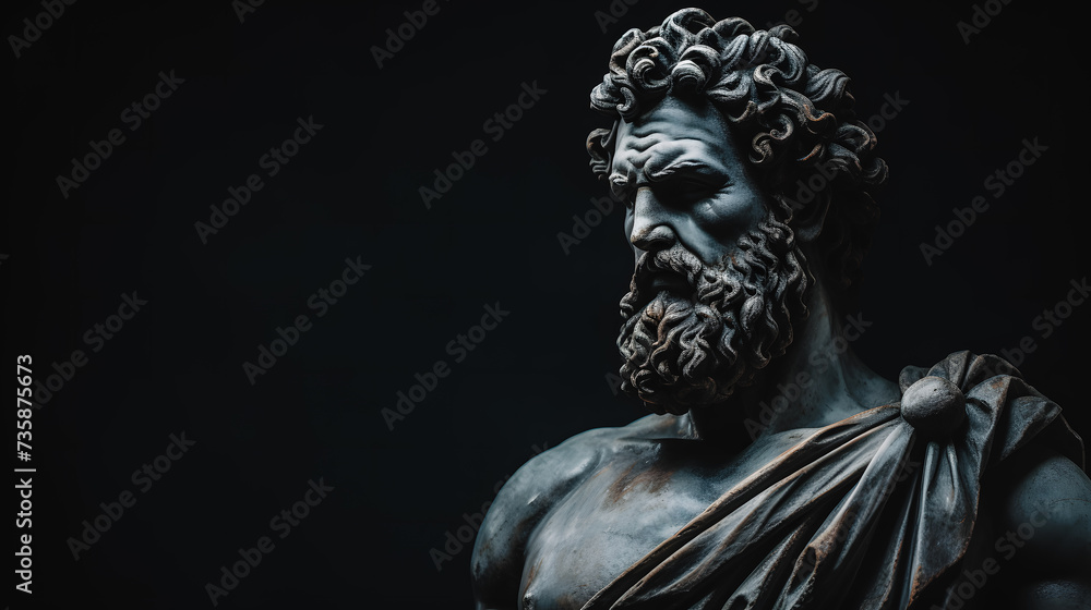 Statue d'homme grec sur fond noir - obrazy, fototapety, plakaty 