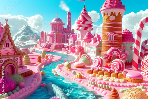 Cartoon fantasy candy land landscape gingerbread houses, ice cream trees and milk river photo