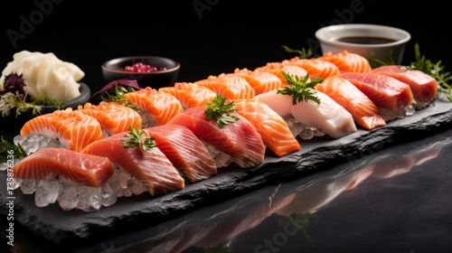 Sushi set. assorted sashimi and sushi rolls on stone slate, close-up shot for food lovers, banner