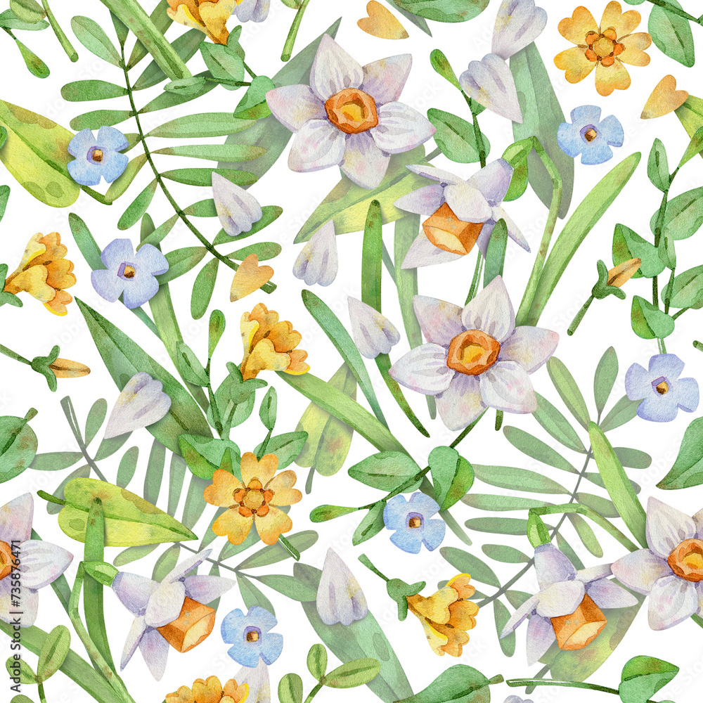 Watercolor seamless pattern with Narcissus and Myosotis on a white background. Background for packing paper, decor, and textiles. Watercolor seamless pattern with Narcissus and Myosotis on a white background. Background for packing paper, decor, and textiles.