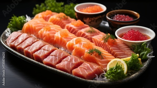 Sashimi and sushi rolls set with salmon roe, lemon and greens on a tray, close-up banner