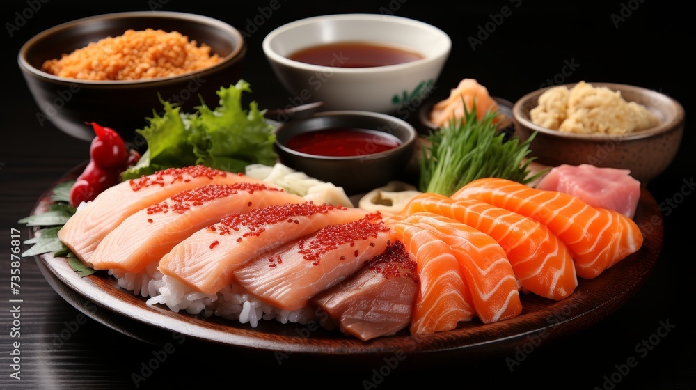 Tantalizing sushi variety. fresh sashimi and delicious sushi rolls with sauces and greens, close-up Tantalizing sushi variety. fresh sashimi and delicious sushi rolls with sauces and greens, close-up