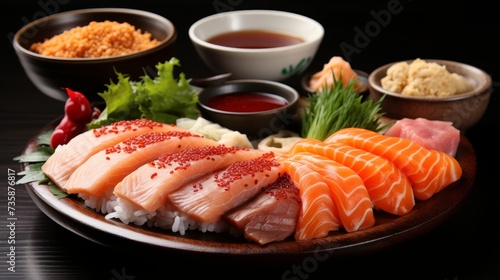 Tantalizing sushi variety. fresh sashimi and delicious sushi rolls with sauces and greens, close-up