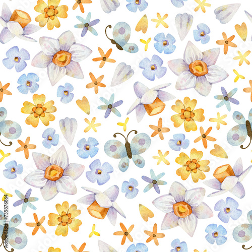 Watercolor seamless pattern with Spring flowers and butterfly. Narcissus and Myosotis on a white background. Background for packing paper, decor, and textiles.