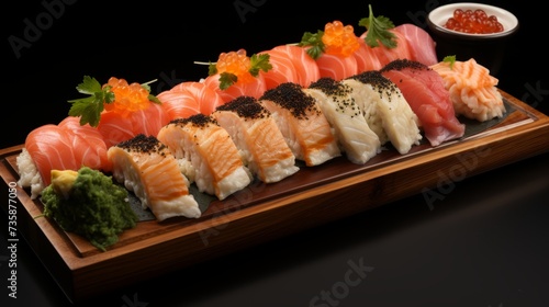 Delicious sushi set. assorted sashimi and tasty sushi rolls on a wooden platter, close-up banner