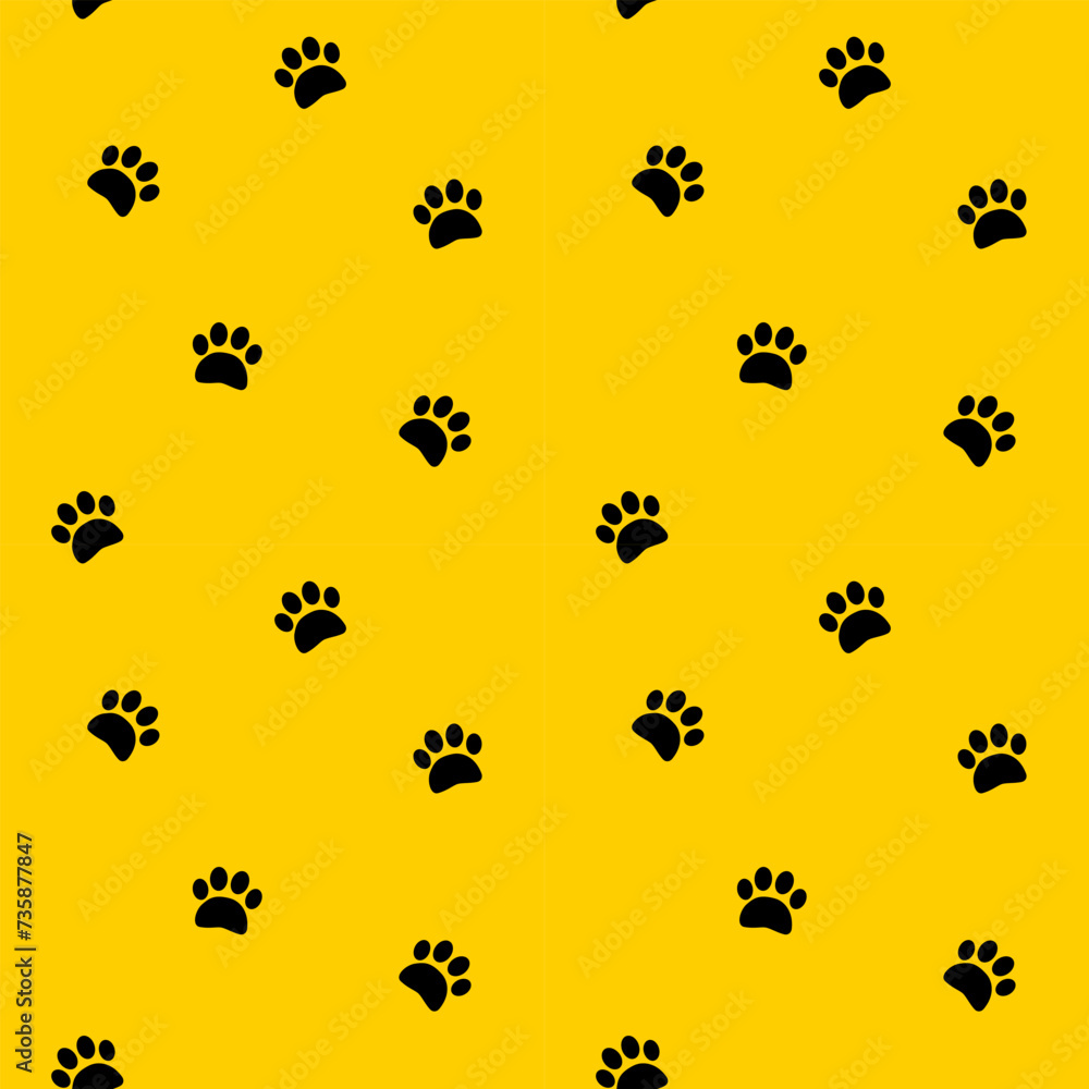 Black footprints paws vector seamless pattern on yellow background. Step, footstep, track background, wallpaper, print, textile, fabric, wrapping paper, packaging design	