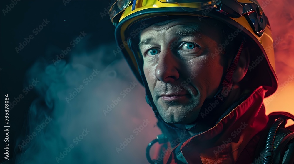 Brave firefighter in gear amid smoke, portrait of heroism and courage at work. professional safety uniform. AI Brave firefighter in gear amid smoke, portrait of heroism and courage at work. professional safety uniform. AI