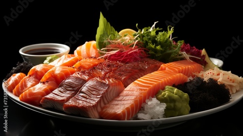 Close-up of Sushi ingredients.Salmon sashimi and sushi rolls with fresh herbs and wasabi on the dish