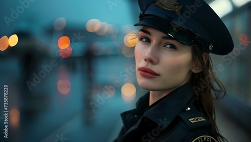Portrait of a confident woman in police uniform, blue hour city background, cinematic style photography. AI