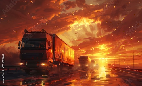 Fiery sunset sky over highway with trucks. vibrant transportation scene. road trip and commerce concept. dramatic landscape illumination. AI