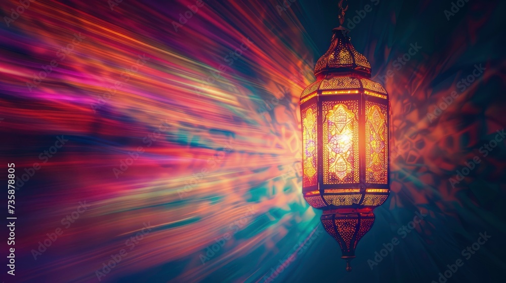 Abstract Glowing Lines Of Vibrant Light Rays Ramadan Background With Lantern. Eid Al Fitr Abstract Background. Ramadan Mubarak Social Media Banner Background
