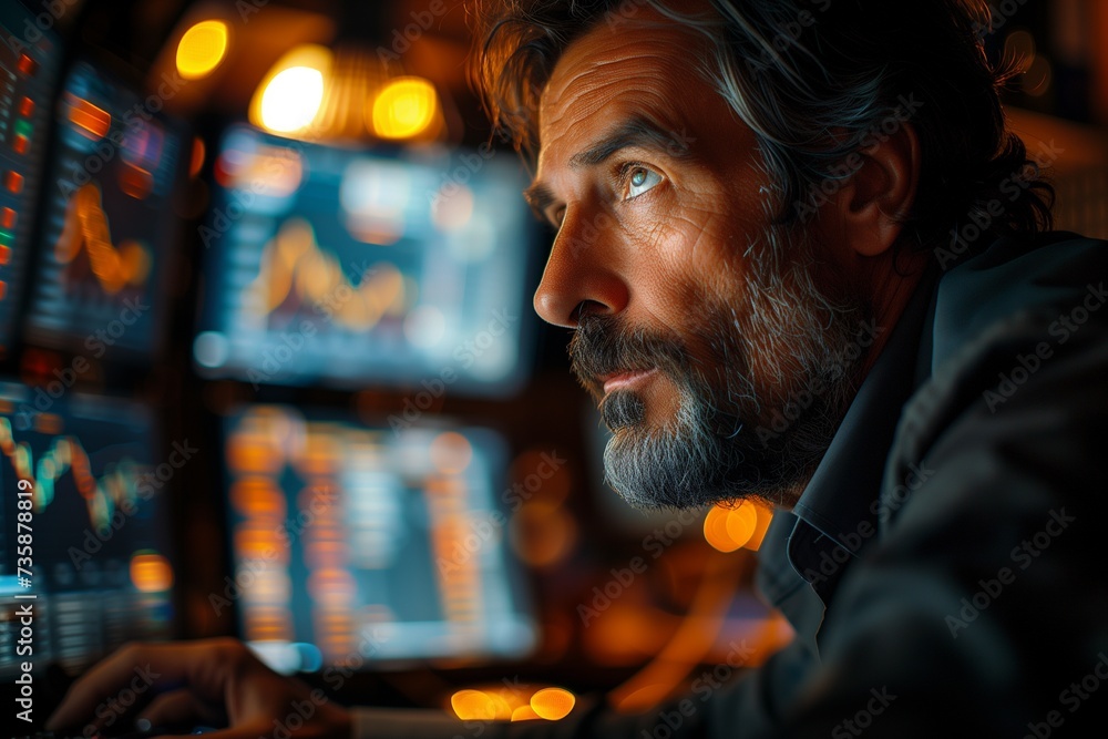 Businessman Studying Stock Market Trends Across Multiple Screens in Dimly Lit Office Businessman Studying Stock Market Trends Across Multiple Screens in Dimly Lit Office