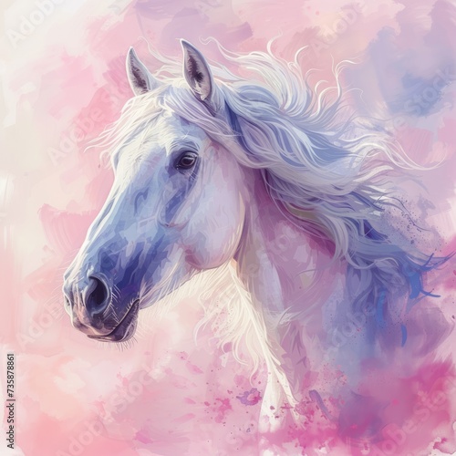 Cartoon magic style, cute pastel watercolor illustration of horse background. Cute horse