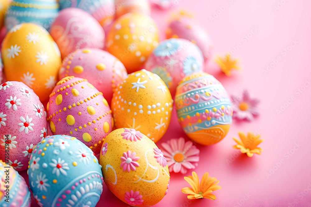 Colorful Easter eggs on pastel pink background. Generative AI.