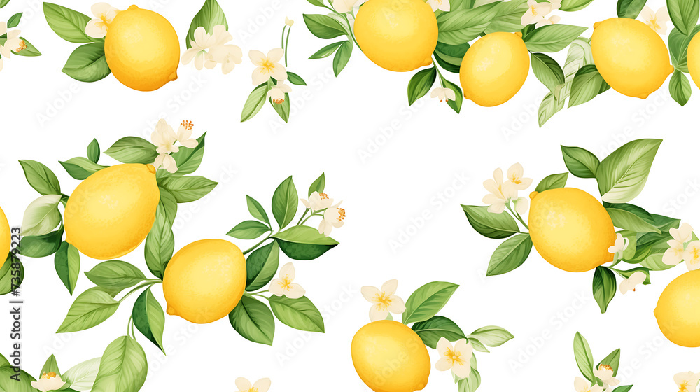 Watercolor background with fresh lemons tree branches and green leaves. Seamless pattern with lemons, scrapbooking paper, citrus pattern
