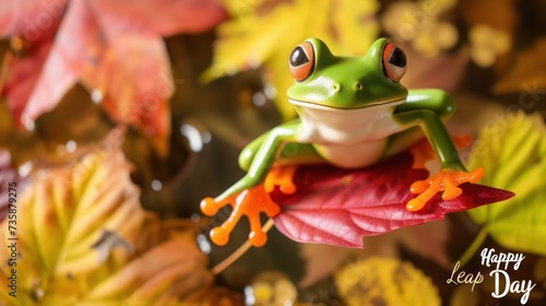 A festive Leap Day themed image featuring a bright green frog on a bed of fallen leaves, signaling the start of autumn