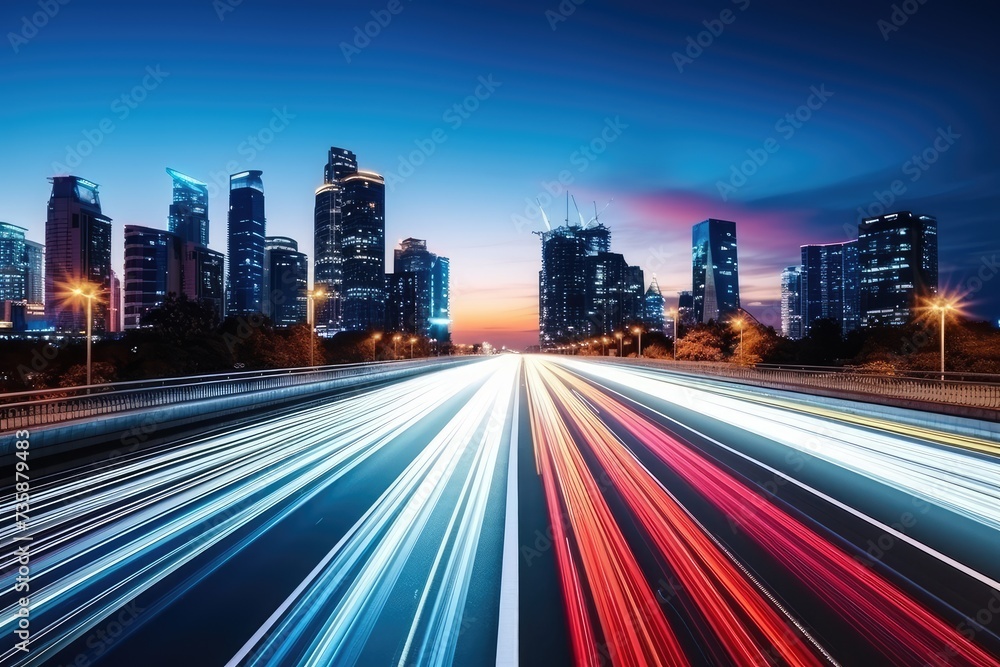 Obraz premium Night Road Lights, Speed Highway Motion, Night Traffic Cityscape, Modern Illuminated Light Trail