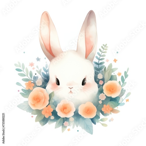 Small cute rabbit with spring flowers and leaves isolated on white background. Easter cartoon character for design greeting card, banner, sticker. Baby shower concept 