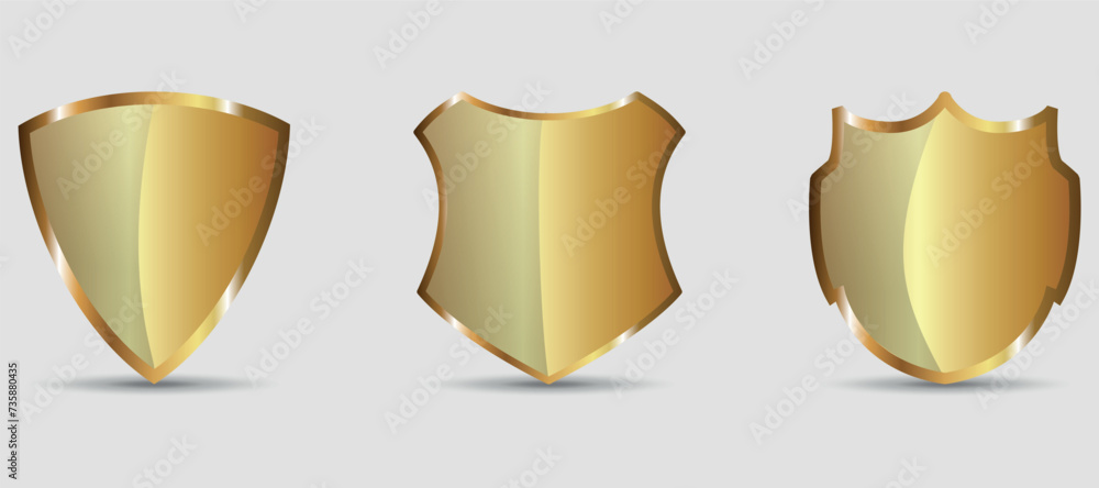 A set of golden shields. 3 pieces. Vector on a gray background A set of golden shields. 3 pieces. Vector on a gray background