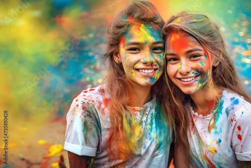 image of cheerful youth with colorful faces celebrating Holi festival of colors